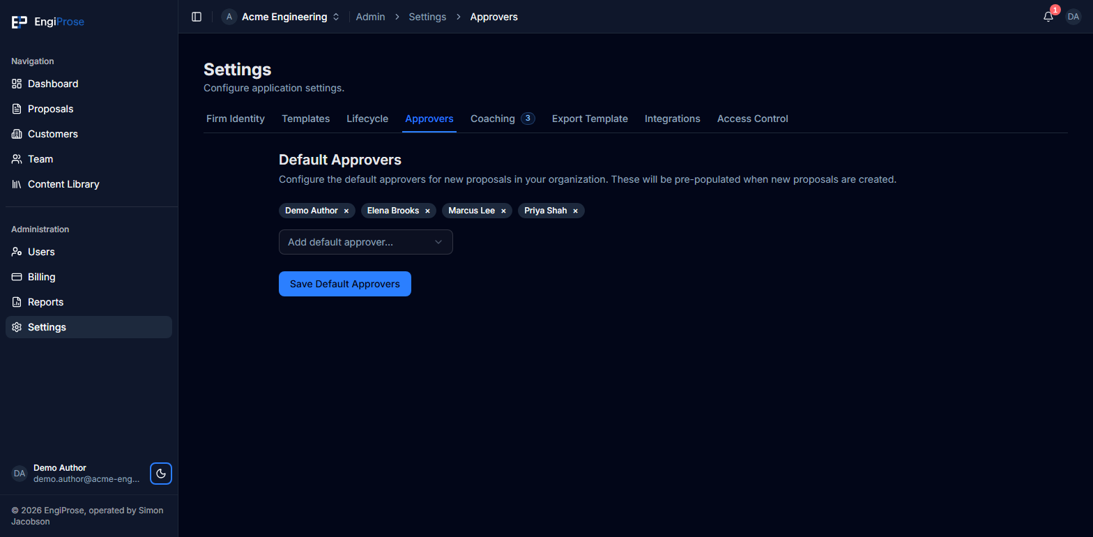 Approvers settings with several default approvers and the control to add another approver
