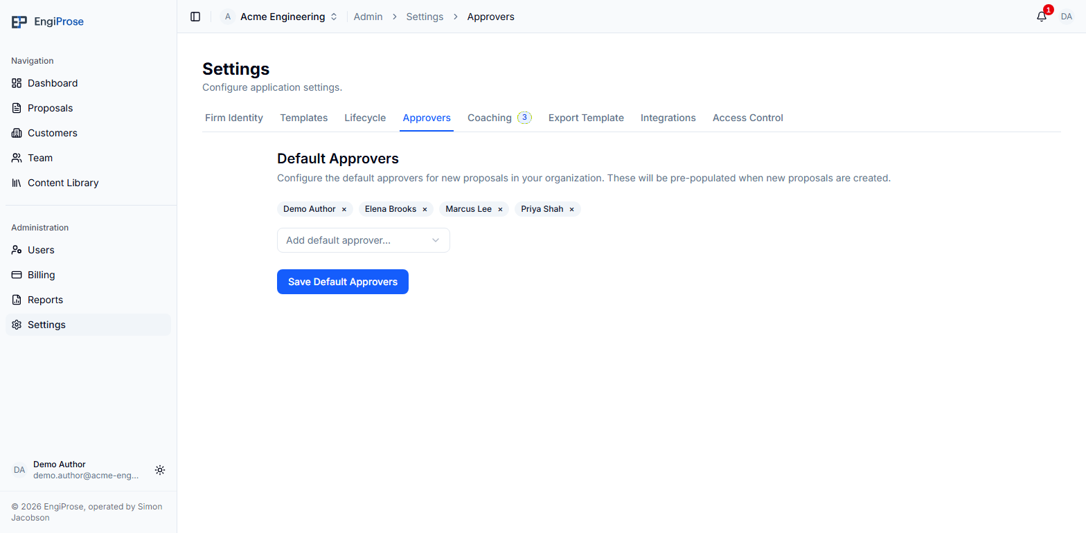 Approvers settings with several default approvers and the control to add another approver