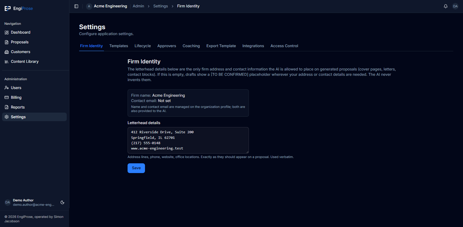 The Firm Identity settings panel, with the firm name and contact email shown read-only, and a letterhead details textarea filled in with an address, phone number, and website