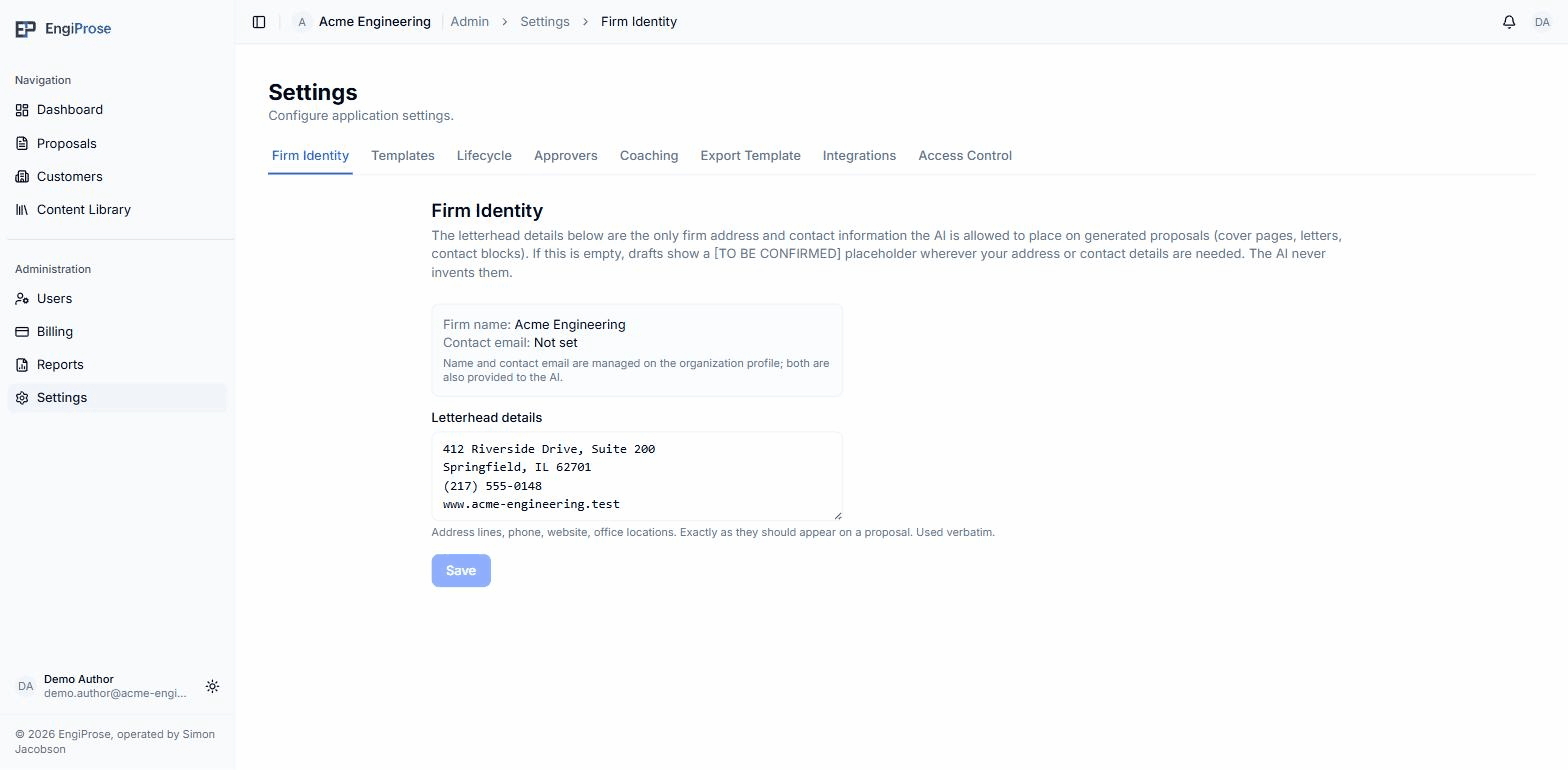 The Firm Identity settings panel, with the firm name and contact email shown read-only, and a letterhead details textarea filled in with an address, phone number, and website