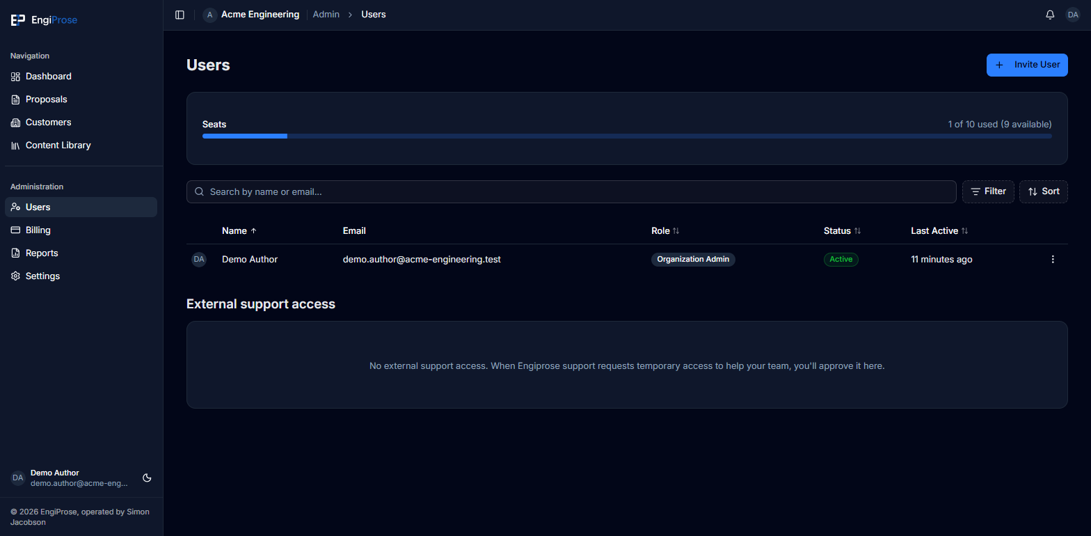 The Users page, showing one active user, the seat usage bar, and the External support access section