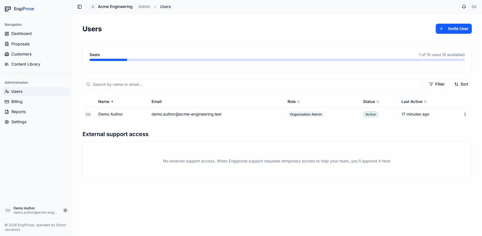 The Users page, showing one active user, the seat usage bar, and the External support access section