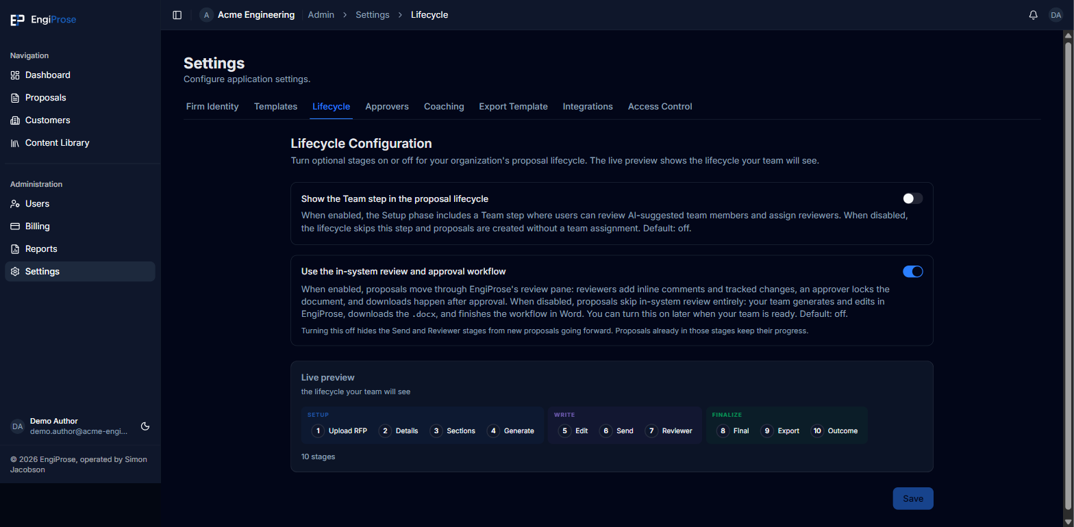 The Lifecycle Configuration page, with the Team step toggle off and the in-system review toggle on, both with their full help text, and a live preview below