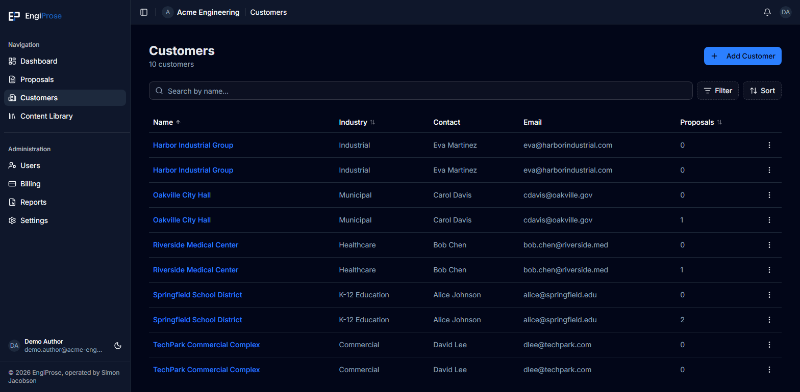 The populated Customers list with search, filter and sort controls, and an Add Customer action