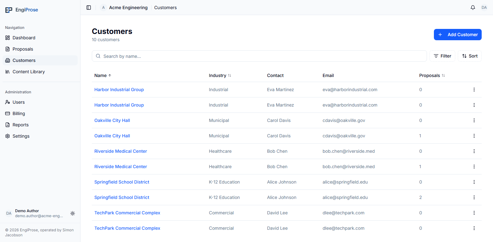 The populated Customers list with search, filter and sort controls, and an Add Customer action