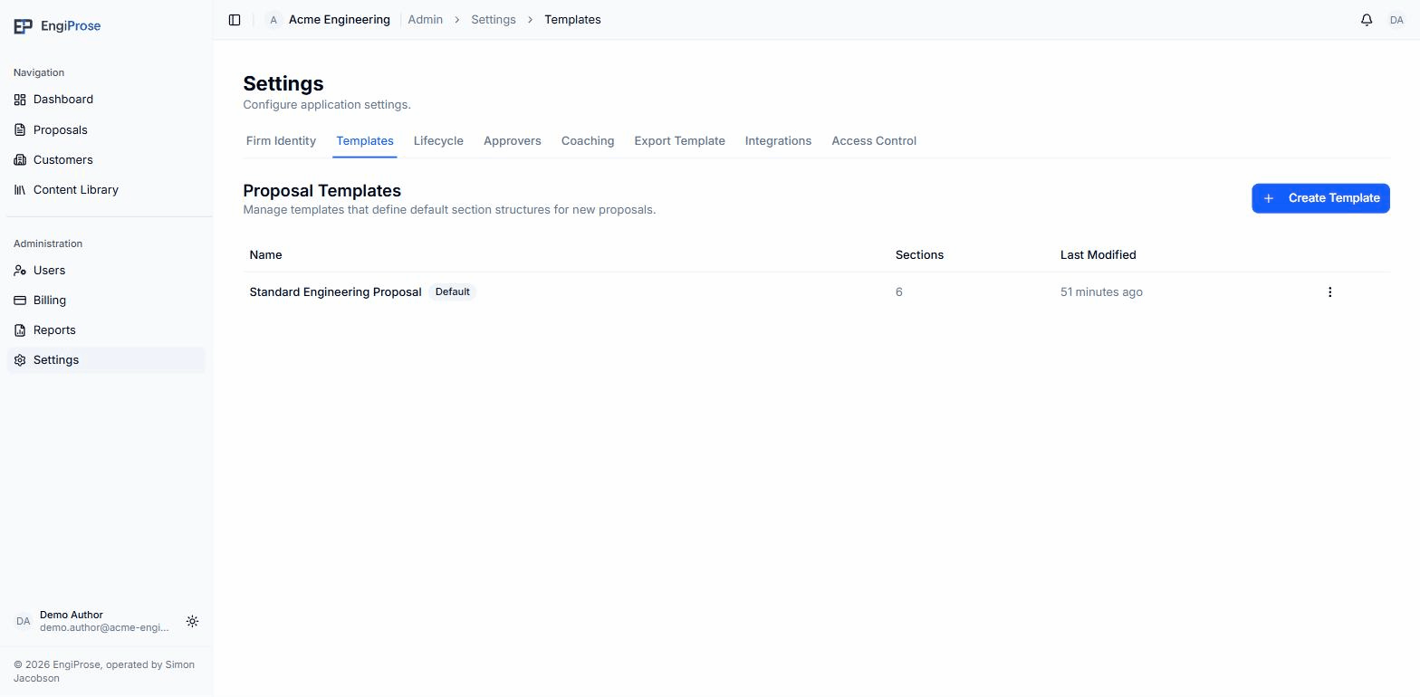 The Proposal Templates list showing one template, Standard Engineering Proposal, marked Default, with 6 sections