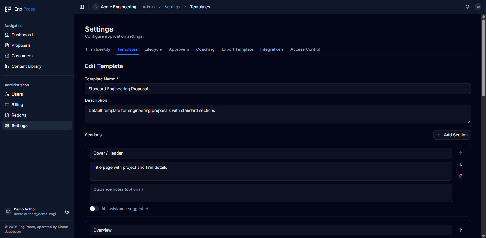 The template editor showing the Template Name, Description, and a Sections list with the Cover / Header section expanded, including its description, guidance notes, and an AI assistance suggested toggle