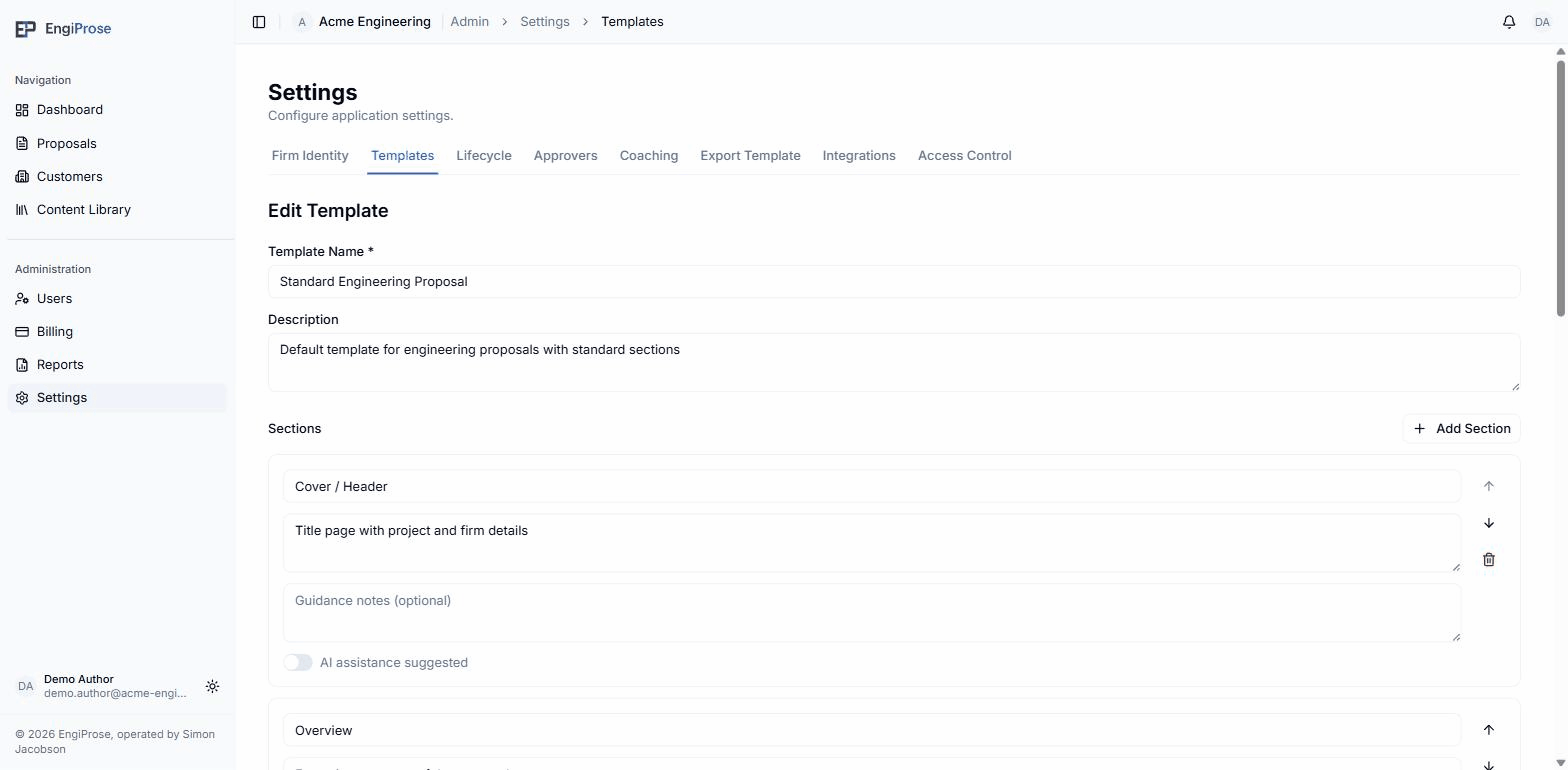 The template editor showing the Template Name, Description, and a Sections list with the Cover / Header section expanded, including its description, guidance notes, and an AI assistance suggested toggle