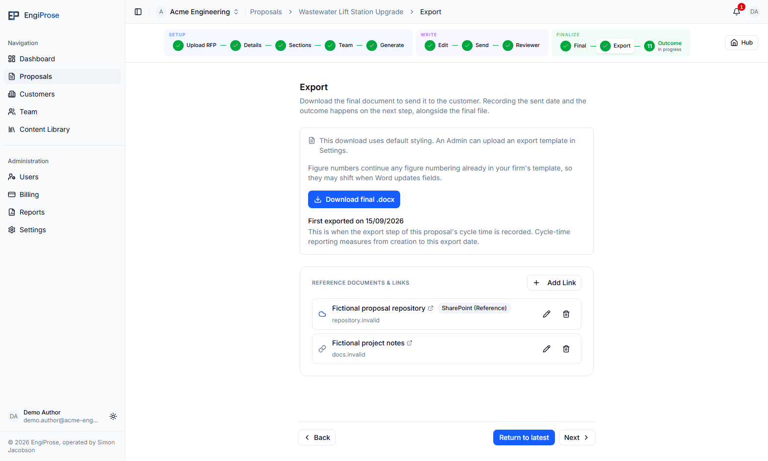 The Export screen shows Fictional proposal repository at repository.invalid with a cloud icon and SharePoint (Reference) badge, above ordinary Fictional project notes at docs.invalid.