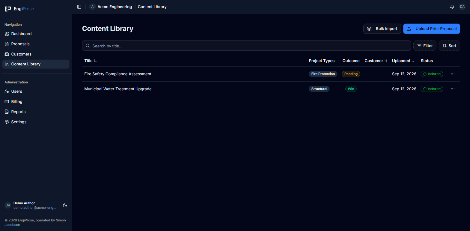 The Content Library list showing two uploaded items, one Pending and one Win, both with an Indexed status badge