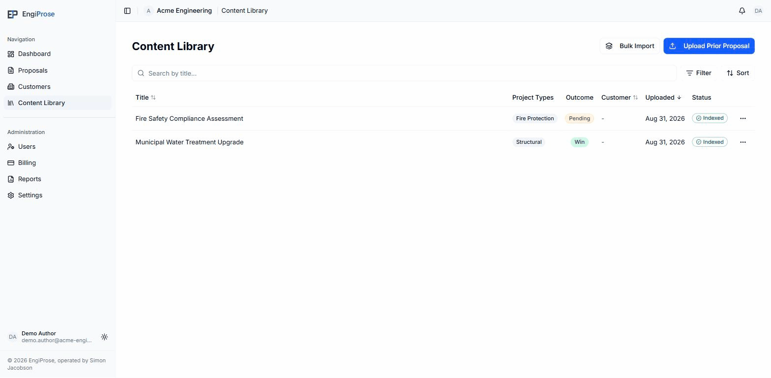 The Content Library list showing two uploaded items, one Pending and one Win, both with an Indexed status badge
