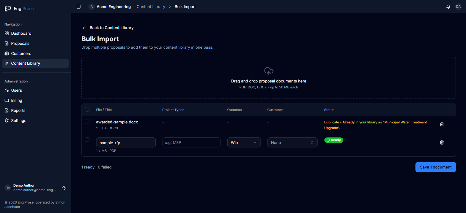 The Bulk Import staging table with one row marked Duplicate, already in the library, and one row marked Ready with its title, outcome, and customer fields editable