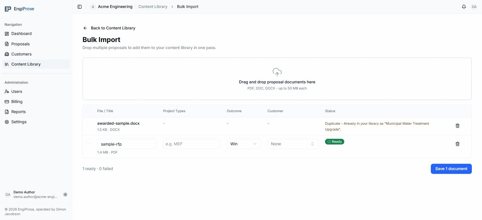 The Bulk Import staging table with one row marked Duplicate, already in the library, and one row marked Ready with its title, outcome, and customer fields editable