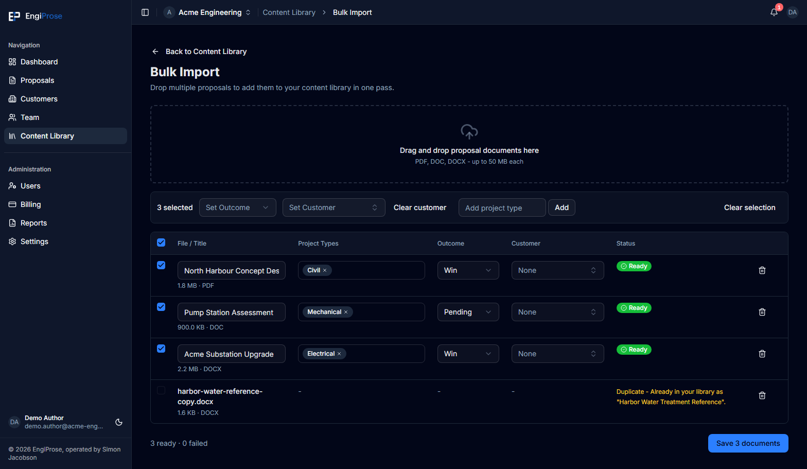 The Acme Engineering Bulk Import table with selected fictional PDF, DOC, and DOCX rows, plus bulk outcome, customer, project-type, and save controls