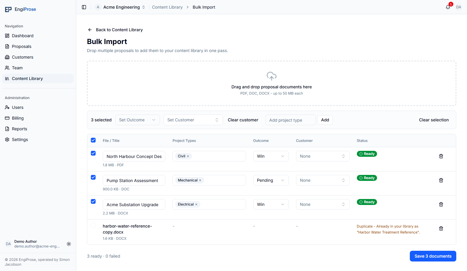 The Acme Engineering Bulk Import table with selected fictional PDF, DOC, and DOCX rows, plus bulk outcome, customer, project-type, and save controls