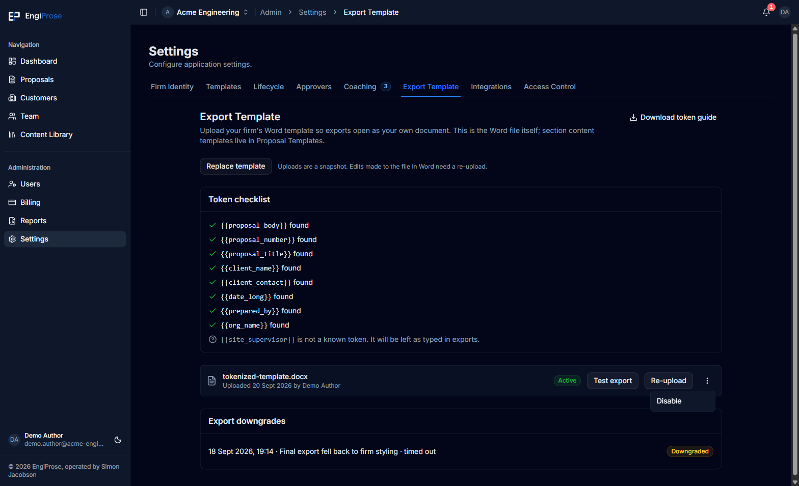 The Token checklist showing all eight tokens found, one unrecognized token, site_supervisor, noted as not a known token, and the uploaded template's row marked Active with Test export and Re-upload buttons