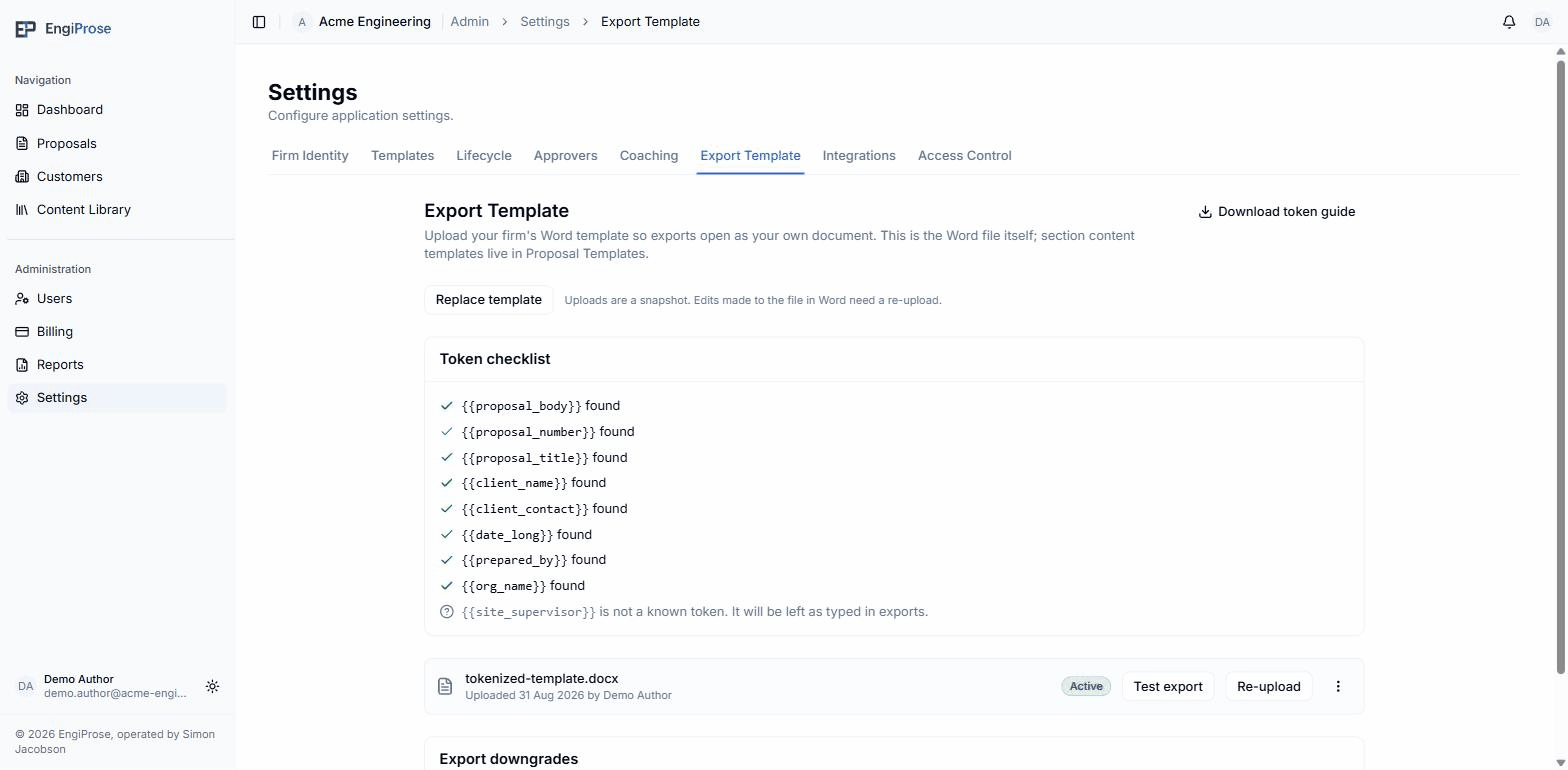 The Token checklist showing all eight tokens found, one unrecognized token, site_supervisor, noted as not a known token, and the uploaded template's row marked Active with Test export and Re-upload buttons