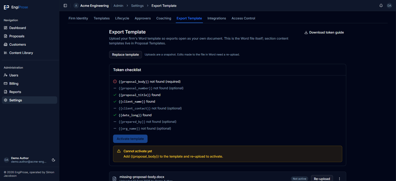 The token checklist with proposal_body marked not found (required), the Activate template button disabled, and a Cannot activate yet warning naming the fix