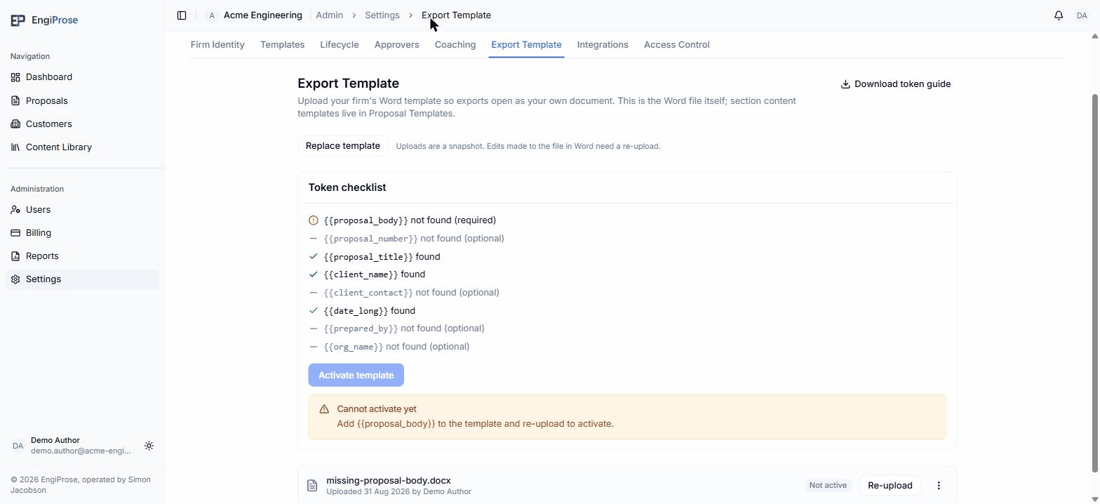 The token checklist with proposal_body marked not found (required), the Activate template button disabled, and a Cannot activate yet warning naming the fix