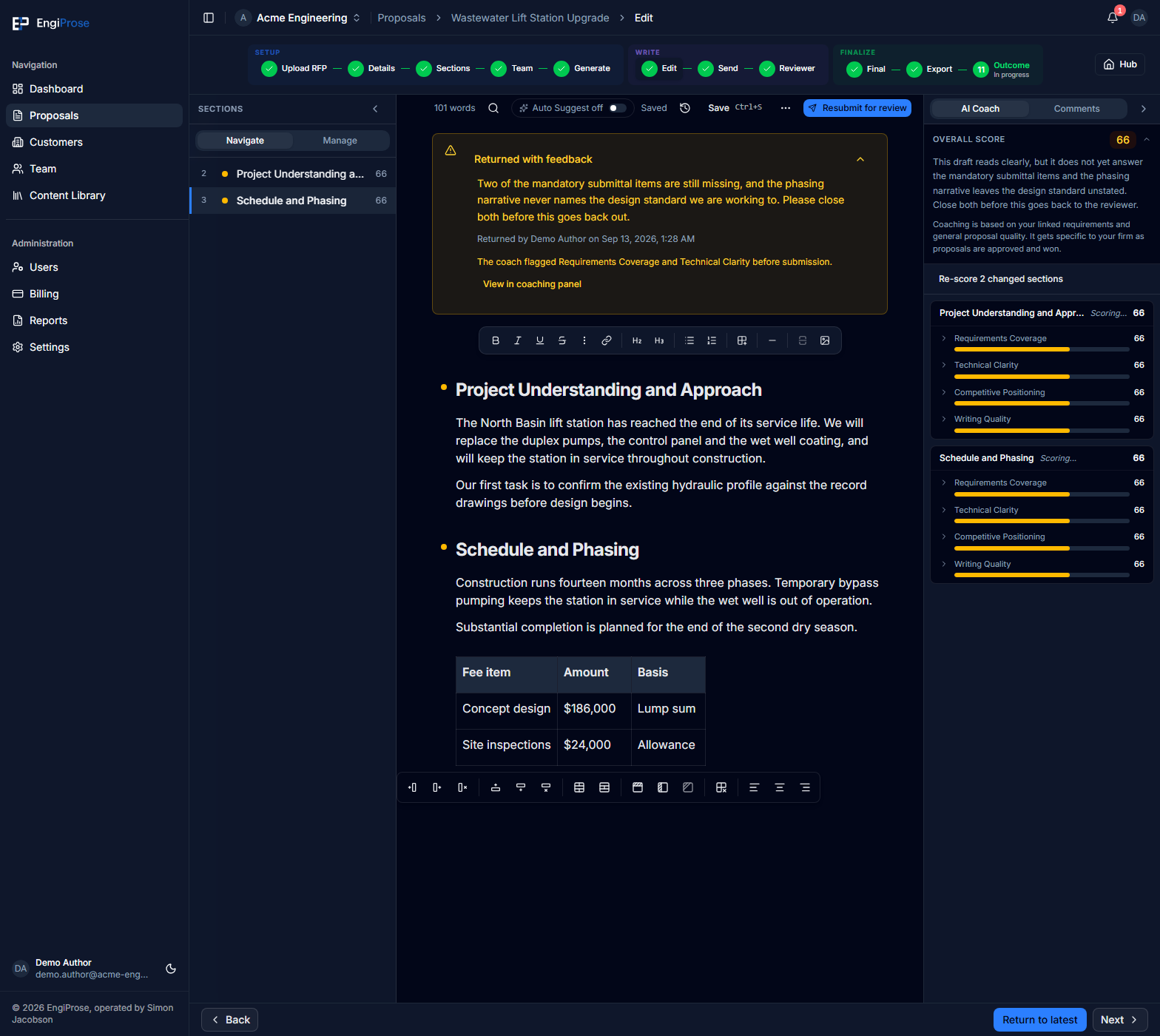 The Acme Engineering proposal editor with formatting controls, a selected fee-table cell, and table options for table structure and alignment