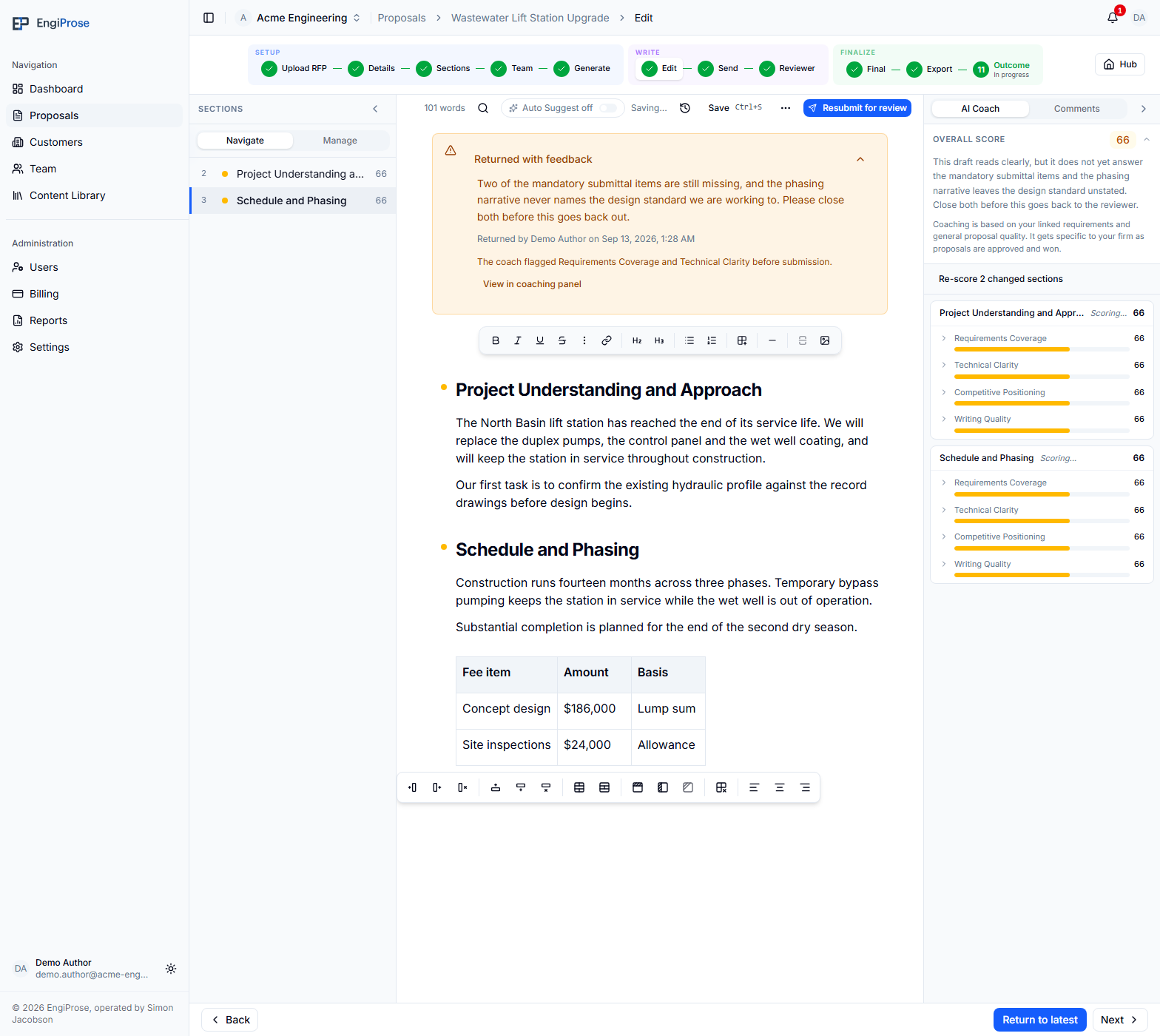The Acme Engineering proposal editor with formatting controls, a selected fee-table cell, and table options for table structure and alignment