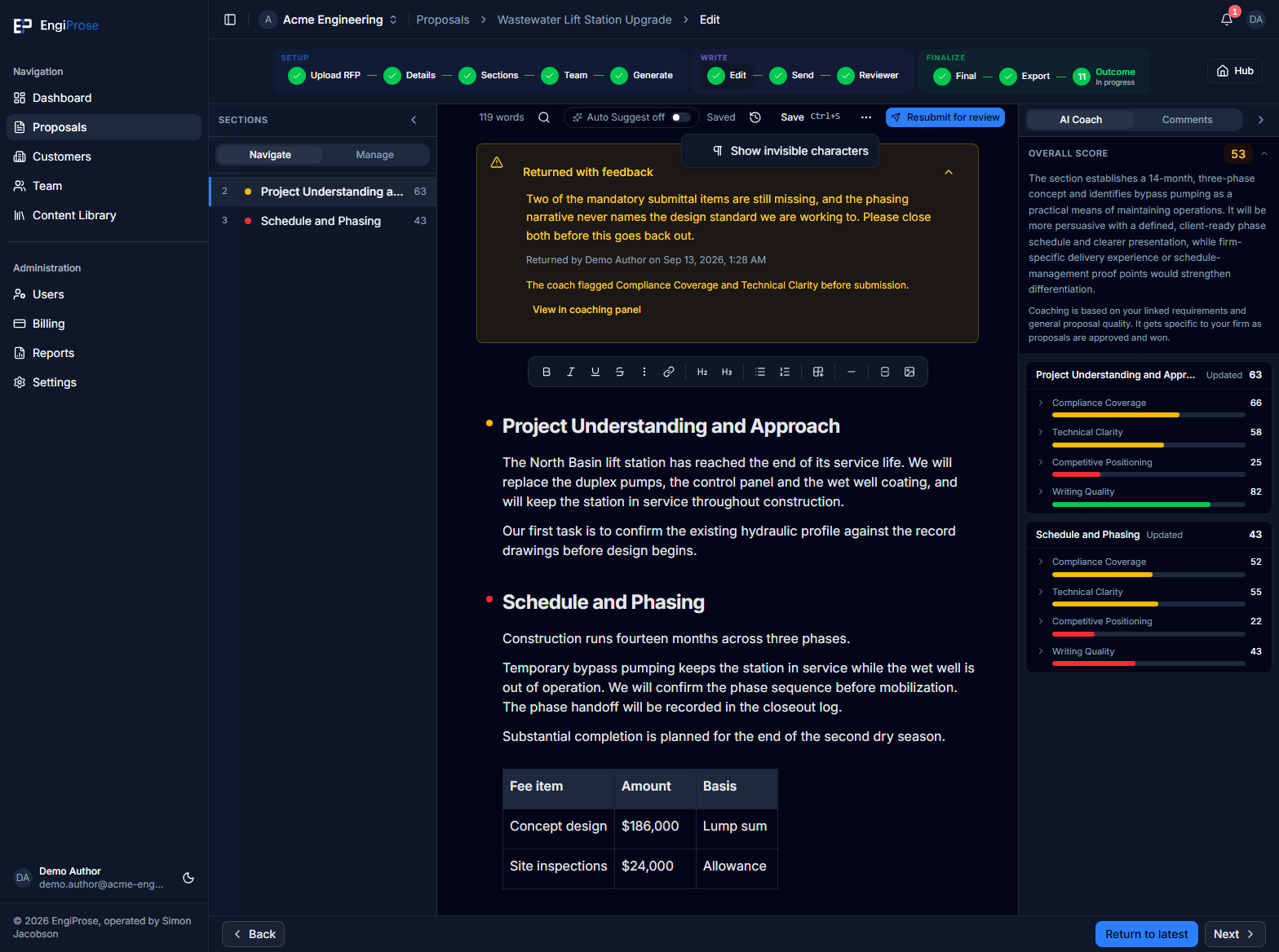 The Acme Engineering editor showing Saved status, the manual Save control, and the Editor view options menu with Show invisible characters