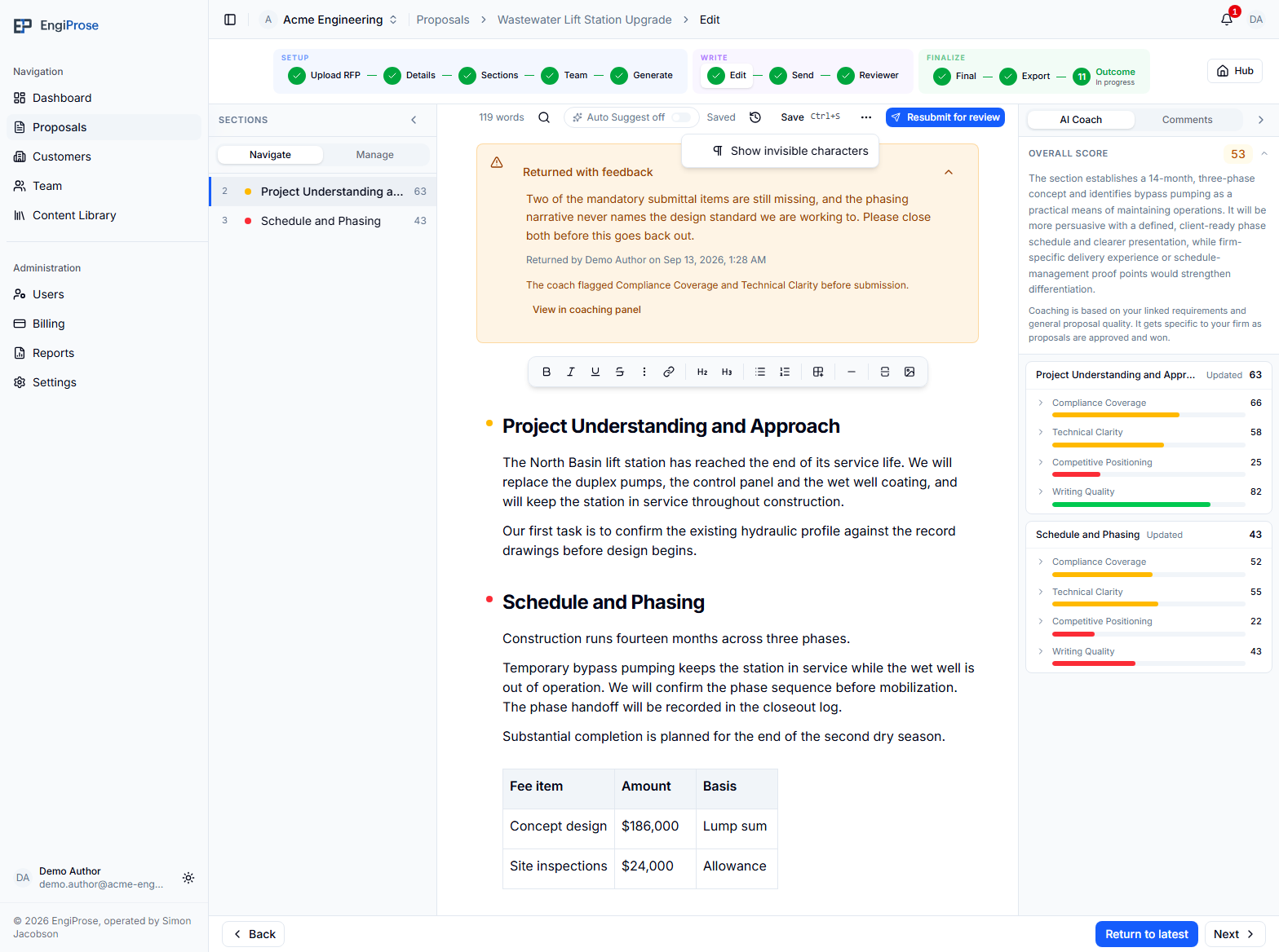 The Acme Engineering editor showing Saved status, the manual Save control, and the Editor view options menu with Show invisible characters