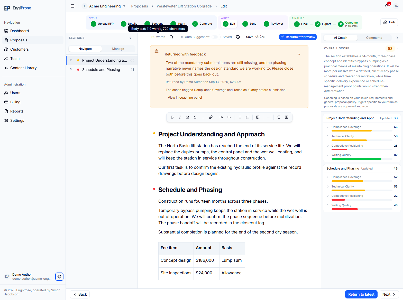 The Acme Engineering editor with the body word-count tooltip showing exact words and characters