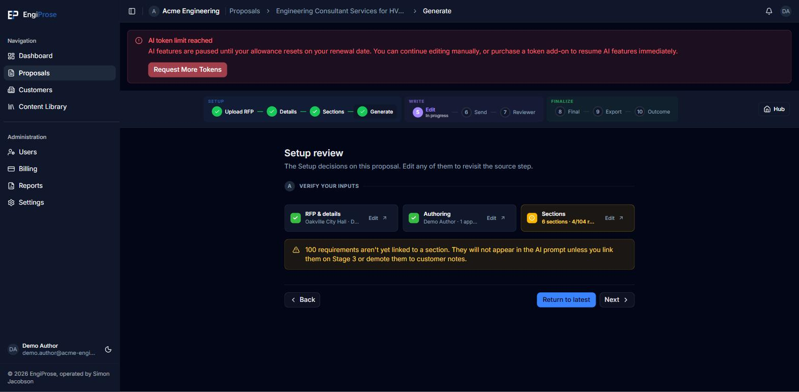 The Generate step showing the AI token limit reached banner with a Request More Tokens button