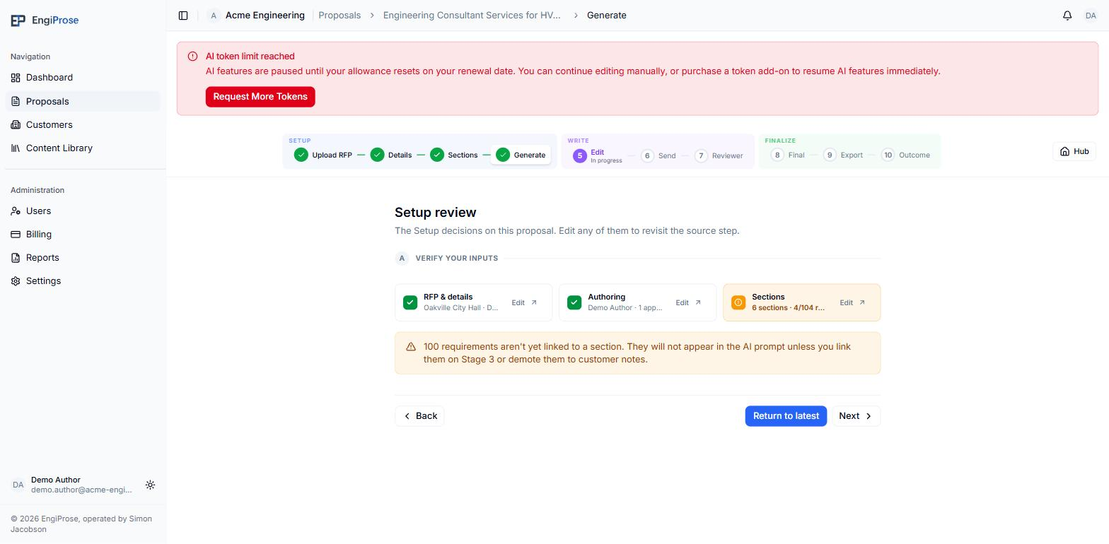 The Generate step showing the AI token limit reached banner with a Request More Tokens button